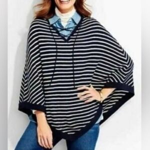 Talbots Women's Poncho Sweater Navy Blue Lace Up Drawstring Size M